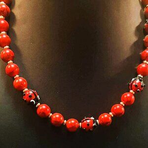 NWT Handmade Red Howlite Necklace with Ladybugs